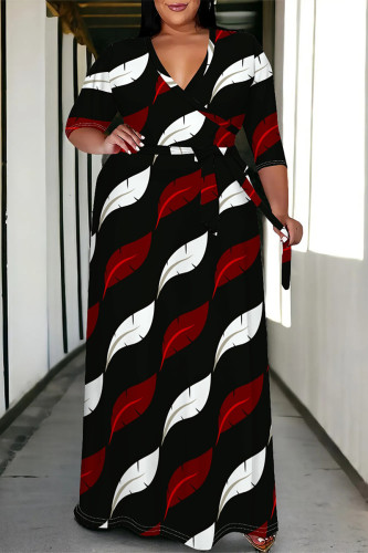 Black Red Casual Daily Plaid Striped Print Pocket Contrast V Neck Printed Plus Size Dresses