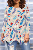 Peach Casual Daily Floral Print Irregular Contrast O Neck Tops
