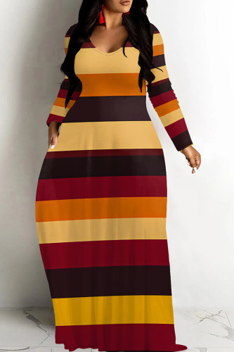 Brown Yellow Casual Print Patchwork V Neck Long Dresses
