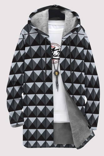 Dark Blue Gray Casual Geometric Print Pocket Zipper Contrast Fleece-lined Hooded Outerwear