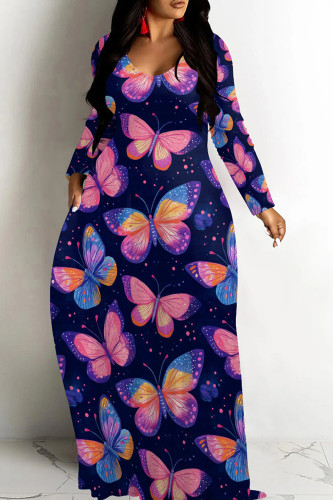 Tibetan Blue Casual Print Patchwork V Neck Long Dresses
