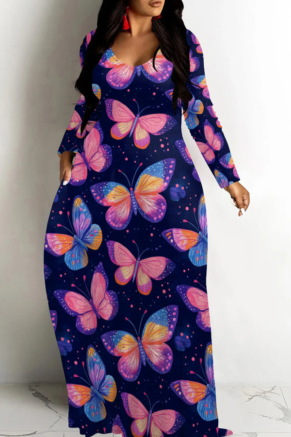 Tibetan Blue Casual Print Patchwork V Neck Long Dresses