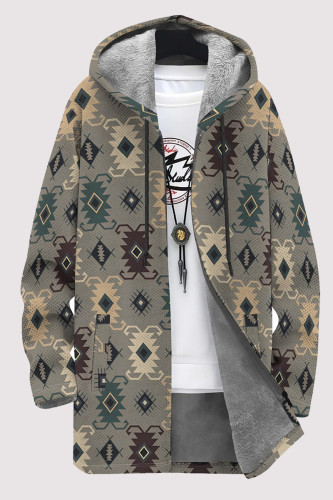 Light Gray Casual Geometric Print Pocket Zipper Contrast Fleece-lined Hooded Outerwear
