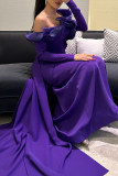 Purple Elegant Solid Color Patchwork Backless Ruffled Trim Off Shoulder Evening Dresses