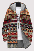 Multicolor Casual Geometric Print Pocket Zipper Contrast Fleece-lined Hooded Outerwear