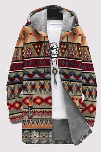 Multicolor Casual Geometric Print Pocket Zipper Contrast Fleece-lined Hooded Outerwear