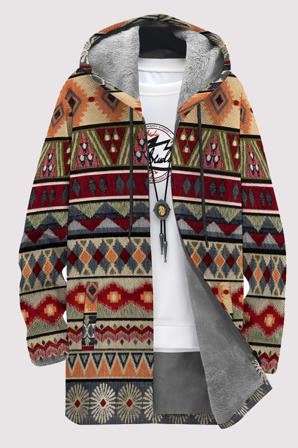 Multicolor Casual Geometric Print Pocket Zipper Contrast Fleece-lined Hooded Outerwear