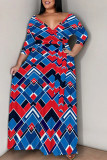 White Blue Casual Daily Plaid Striped Print Pocket Contrast V Neck Printed Plus Size Dresses