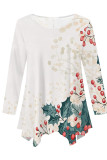 Peach Casual Daily Floral Print Irregular Contrast O Neck Tops