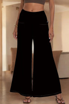 Black Casual Solid Color Pocket Patchwork Loose Mid Waist Wide Leg Patchwork Bottoms