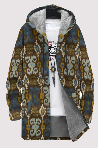 Coffee Casual Geometric Print Pocket Zipper Contrast Fleece-lined Hooded Outerwear