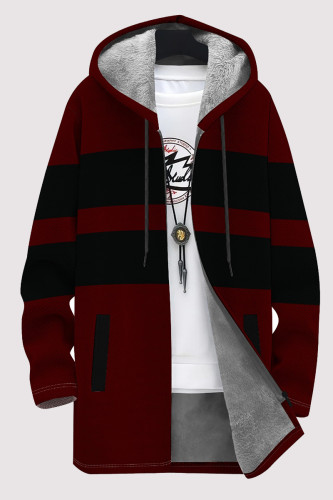 Black Casual Striped Print Gradient Pocket Zipper Contrast Fleece-lined Hooded Outerwear
