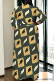 White Blue Casual Daily Plaid Striped Print Pocket Contrast V Neck Printed Plus Size Dresses