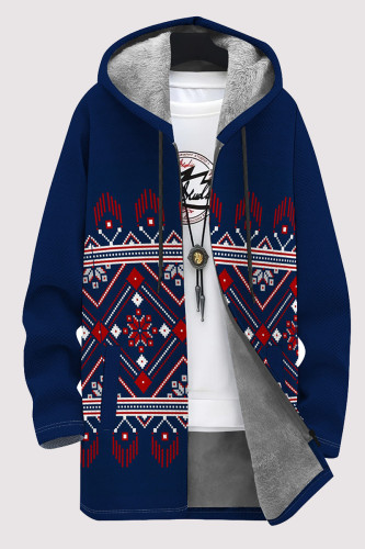 Deep Blue Casual Geometric Print Pocket Zipper Contrast Fleece-lined Hooded Outerwear