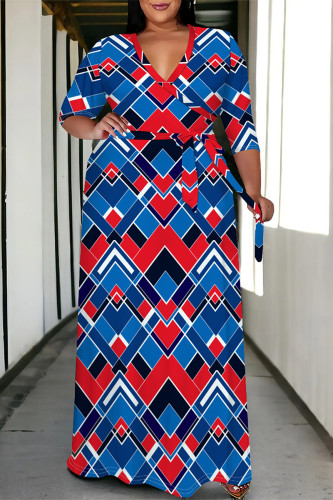 Red Blue Casual Daily Plaid Striped Print Pocket Contrast V Neck Printed Plus Size Dresses