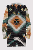 Coffee Casual Geometric Print Pocket Zipper Contrast Fleece-lined Hooded Outerwear