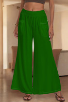 Green Casual Solid Color Pocket Patchwork Loose Mid Waist Wide Leg Patchwork Bottoms