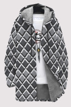 White Grey Casual Geometric Print Pocket Zipper Contrast Fleece-lined Hooded Outerwear