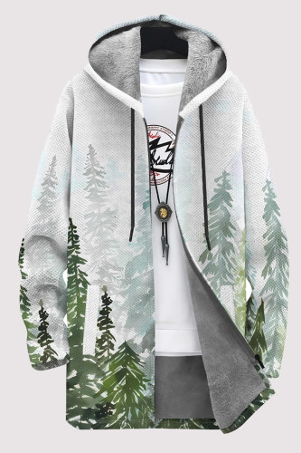 White Casual Geometric Print Pocket Zipper Contrast Fleece-lined Hooded Outerwear