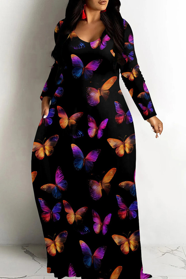 Orange Purple Casual Print Patchwork V Neck Long Dresses