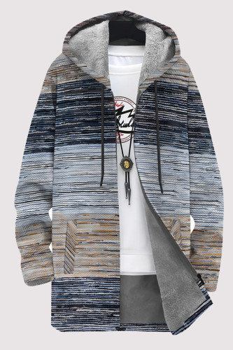 Blue Gray Casual Striped Print Gradient Pocket Zipper Contrast Fleece-lined Hooded Outerwear