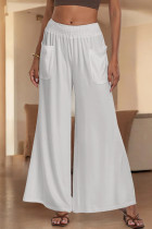 White Casual Solid Color Pocket Patchwork Loose Mid Waist Wide Leg Patchwork Bottoms