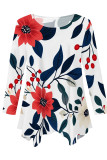 Peach Casual Daily Floral Print Irregular Contrast O Neck Tops