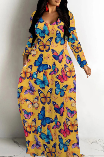 Orange Blue Casual Print Patchwork V Neck Long Dresses