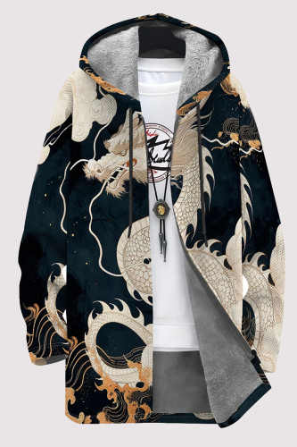 Black Casual Geometric Print Pocket Zipper Contrast Fleece-lined Hooded Outerwear