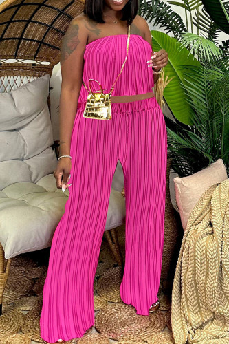 Rose Red Casual Solid Color Patchwork Backless Pleated Strapless Two Pieces