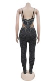 Apricot Sexy Patchwork Hot Drilling Backless Spaghetti Strap Skinny Jumpsuits