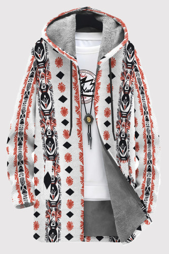 White Red Casual Print Pocket Patchwork Zipper Contrast Hooded Outerwear