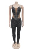 Apricot Sexy Patchwork Hot Drilling Backless Spaghetti Strap Skinny Jumpsuits