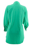 Blue Casual Solid Color Buckle Patchwork Turndown Collar Tops