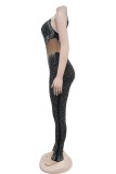Apricot Sexy Patchwork Hot Drilling Backless Spaghetti Strap Skinny Jumpsuits