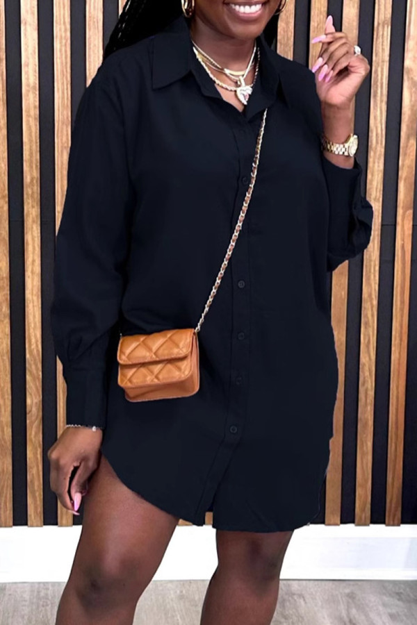 Black Casual Solid Color Buckle Patchwork Turndown Collar Tops