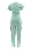 Apricot Casual Solid Color Draw String Pocket Patchwork O Neck Short Sleeve Two Pieces