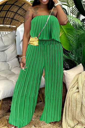 Green Casual Solid Color Patchwork Backless Pleated Strapless Two Pieces