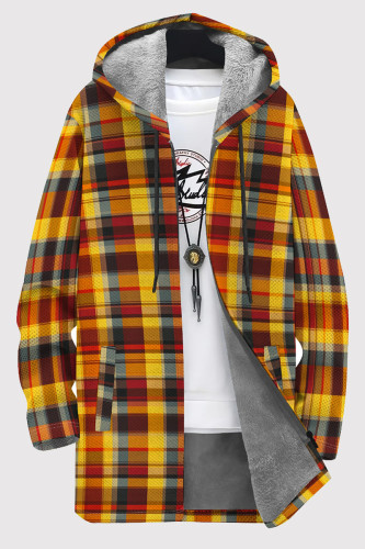 Yellow Orange Casual Print Pocket Patchwork Zipper Contrast Hooded Outerwear