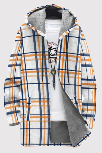 White Orange Casual Print Pocket Patchwork Zipper Contrast Hooded Outerwear