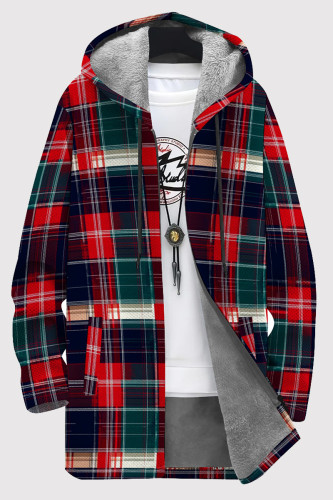 Red Green Casual Print Pocket Patchwork Zipper Contrast Hooded Outerwear