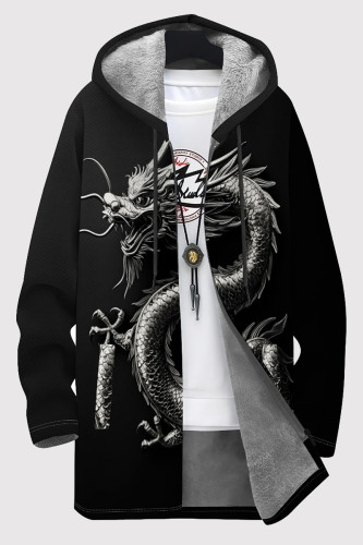 Black Casual Print Pocket Patchwork Zipper Contrast Hooded Outerwear