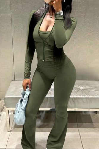 Army Green Casual Solid Color Patchwork Zipper Zipper Collar Long Sleeve Two Pieces