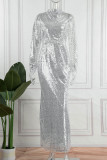 Black Sexy Solid Sequins Patchwork Half A Turtleneck One Step Skirt Dresses