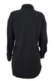 Blue Casual Solid Color Buckle Patchwork Turndown Collar Tops