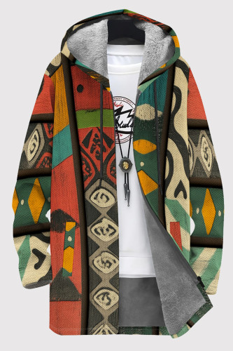 Orange Red Casual Print Pocket Patchwork Zipper Contrast Hooded Outerwear