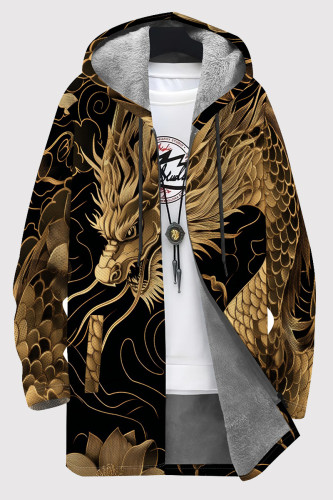 Black Brown Casual Print Pocket Patchwork Zipper Contrast Hooded Outerwear