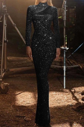 Black Sexy Solid Sequins Patchwork Half A Turtleneck One Step Skirt Dresses