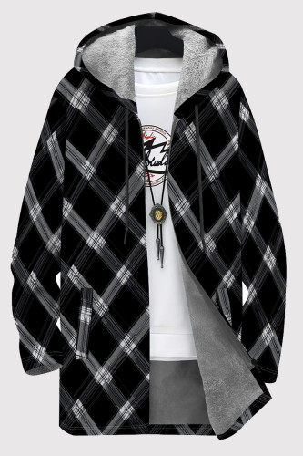 Black Gray Casual Print Pocket Patchwork Zipper Contrast Hooded Outerwear