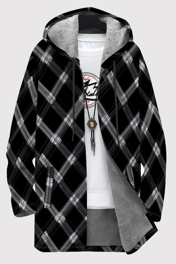 Black Gray Casual Print Pocket Patchwork Zipper Contrast Hooded Outerwear